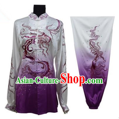 Top Grade Martial Arts Costume Kung Fu Training Gradient Deep Purple Clothing, Tai Ji Embroidery Dragon Long Fist Uniform Gongfu Wushu Costume for Women for Men