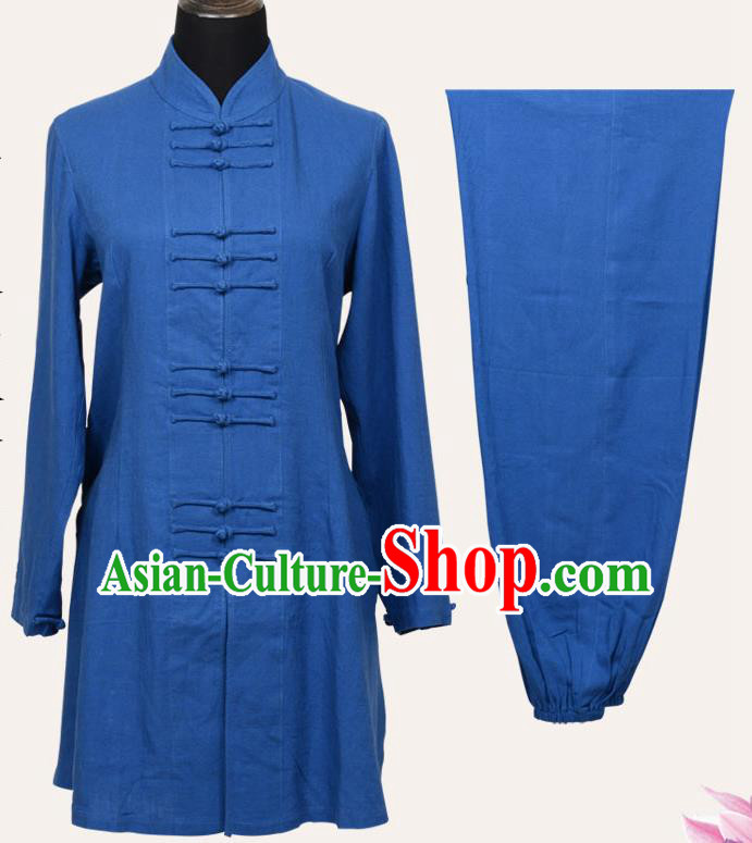 Top Grade Linen Martial Arts Costume Kung Fu Training Front Opening Plated Buttons Clothing, Tai Ji Blue Uniform Gongfu Wushu Costume for Women for Men