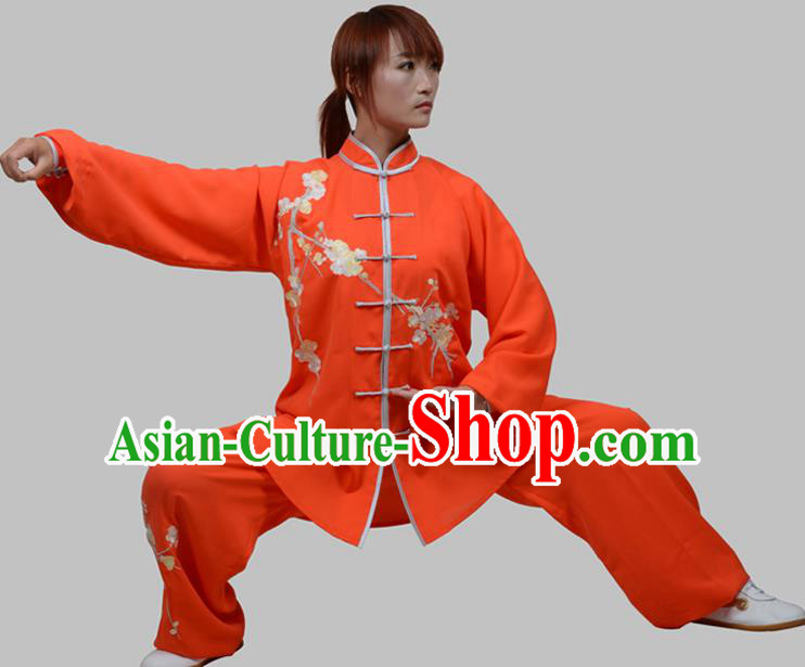 Top Grade China Martial Arts Costume Kung Fu Training Embroidery Plum Blossom Clothing, Chinese Embroidery Tai Ji Red Uniform Gongfu Wushu Costume for Women