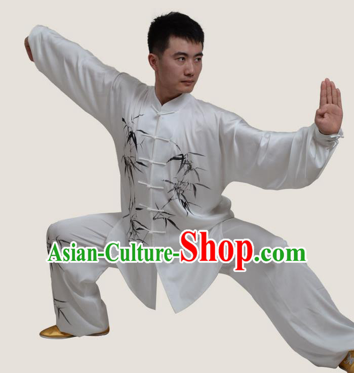 Top Grade China Martial Arts Costume Kung Fu Training Ink Painting Bamboo Clothing, Chinese Tai Ji Uniform Gongfu Wushu Costume for Men