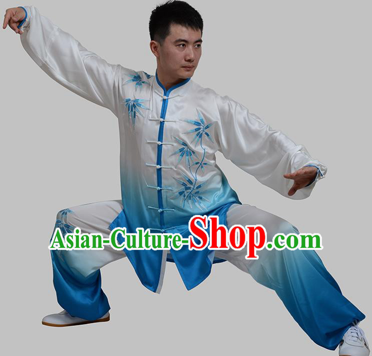 Top Grade China Martial Arts Costume Kung Fu Training Embroidery Bamboo Clothing, Chinese Tai Ji Blue Uniform Gongfu Wushu Costume for Men