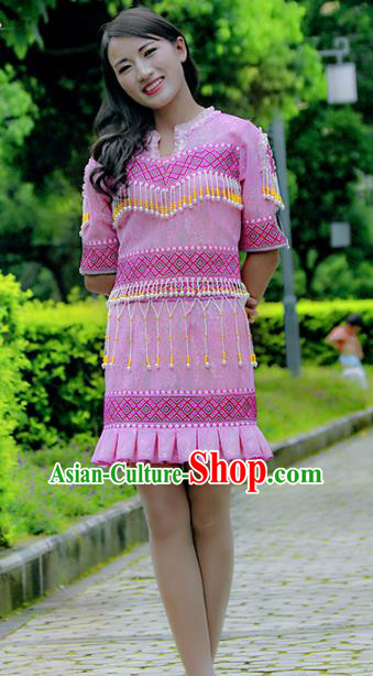 Traditional Chinese Miao Nationality Costume, Hmong Young Lady Folk Dance Ethnic Tassel Pink Dress, Chinese Minority Nationality Embroidery Clothing for Women
