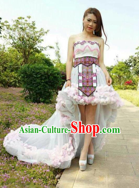 Traditional Chinese Miao Nationality Costume and Headwear, Hmong Folk Dance Ethnic Beads Tassel White Dress, Chinese Minority Nationality Embroidery Clothing for Women