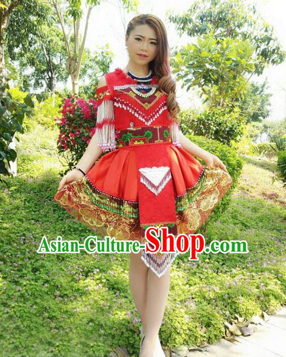 Traditional Chinese Miao Nationality Wedding Costume, Hmong Folk Dance Ethnic Red Tassel Short Pleated Skirt, Chinese Minority Nationality Embroidery Clothing for Women