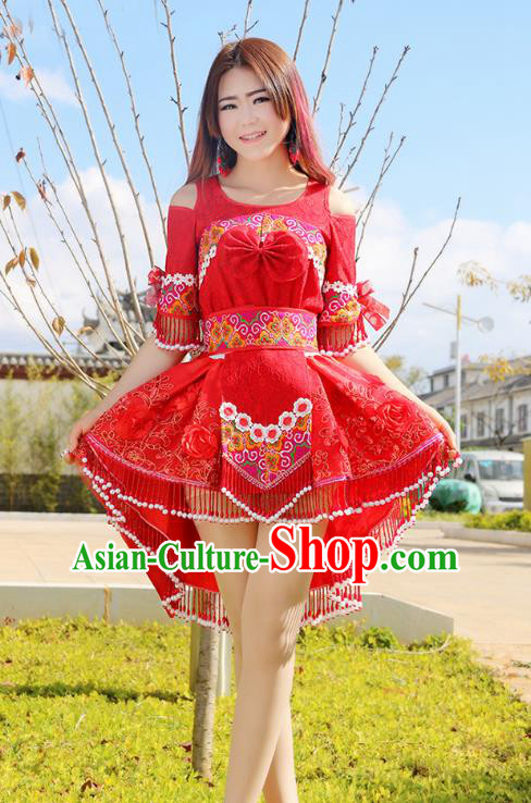Traditional Chinese Miao Nationality Wedding Bride Costume Embroidered Red Pleated Skirt, Hmong Folk Dance Ethnic Chinese Minority Nationality Embroidery Clothing for Women