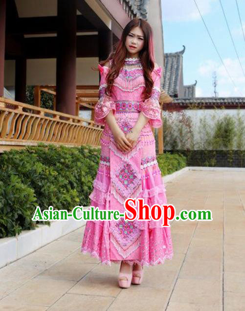 Traditional Chinese Miao Nationality Wedding Costume Embroidered Pink Tassel Long Pleated Skirt and Hat, Hmong Folk Dance Ethnic Chinese Minority Nationality Embroidery Clothing for Women