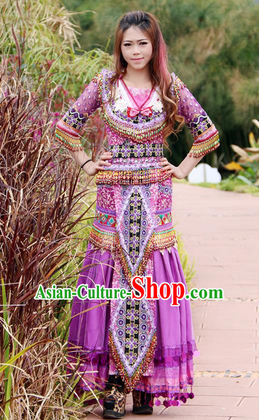 Traditional Chinese Miao Nationality Wedding Costume Embroidered Purple Long Beads Pleated Skirt, Hmong Folk Dance Ethnic Chinese Minority Nationality Embroidery Clothing for Women