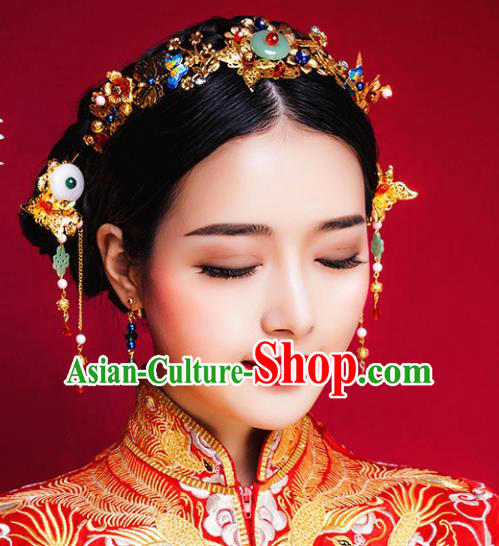 Traditional Handmade Chinese Ancient Classical Hair Accessories Barrettes Xiuhe Suit Golden Hair Comb Complete Set, Hanfu Hair Fascinators for Women