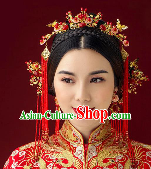 Traditional Handmade Chinese Ancient Classical Hair Accessories Barrettes Xiuhe Suit Red Phoenix Coronet Complete Set, Tassel Step Shake Hanfu Hair Fascinators for Women