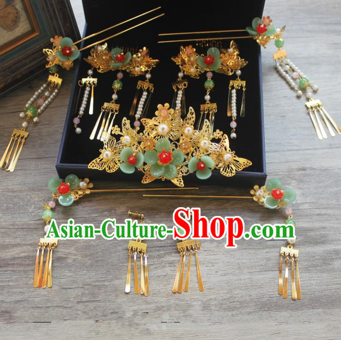 Traditional Handmade Chinese Ancient Classical Hair Accessories Barrettes Xiuhe Suit Green Flowers Phoenix Coronet Complete Set, Tassel Step Shake Hanfu Hair Fascinators for Women