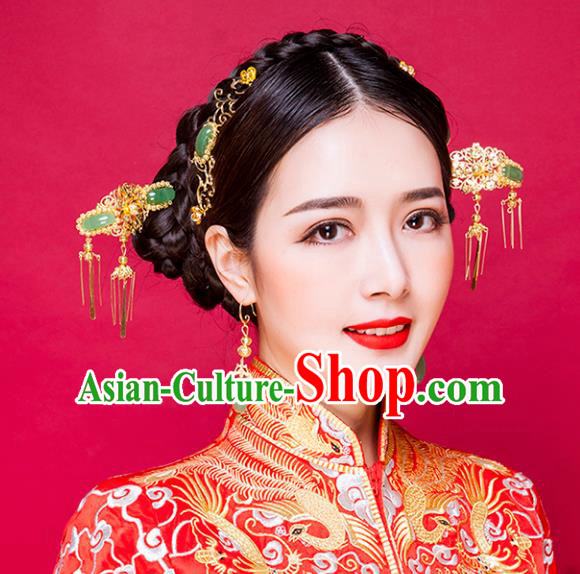 Traditional Handmade Chinese Ancient Classical Hair Accessories Barrettes Xiuhe Suit Green Jade Hairpins Complete Set, Tassel Step Shake Hanfu Hair Fascinators for Women