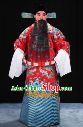 Top Grade Professional Beijing Opera Emperor Costume General Red Embroidered Robe and Belts, Traditional Ancient Chinese Peking Opera Royal Highness Embroidery Dragons Clothing