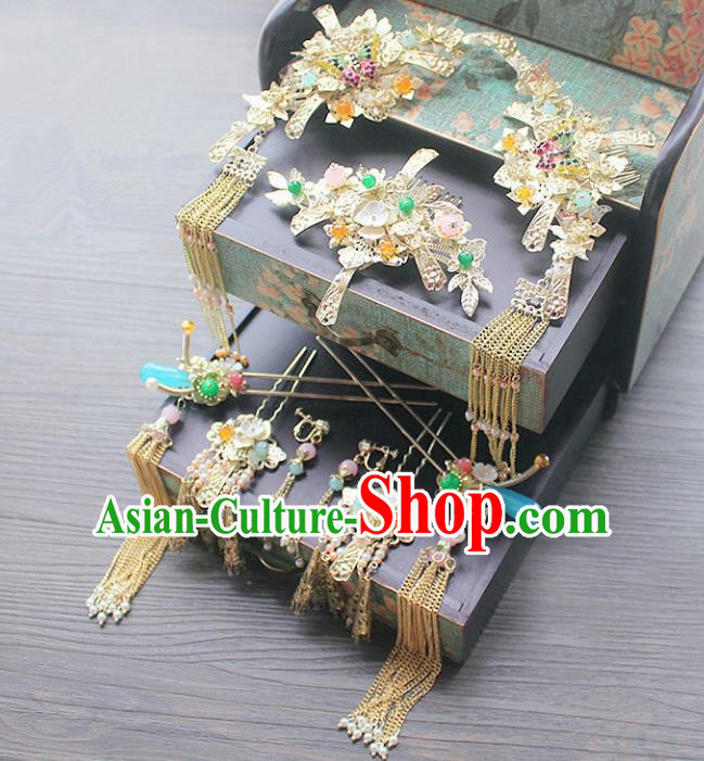 Traditional Handmade Chinese Ancient Classical Hair Accessories Barrettes Xiuhe Suit Phoenix Coronet Complete Set, Long Tassel Step Shake, Hanfu Hairpins Hair Fascinators for Women