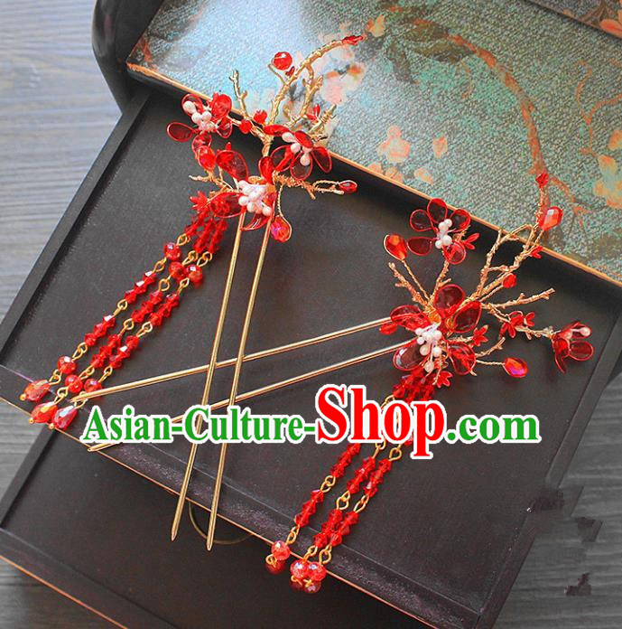 Traditional Handmade Chinese Ancient Classical Hair Accessories Barrettes Xiuhe Suit Red Beads Hair Stick, Long Tassel Step Shake, Hanfu Hairpins Hair Fascinators for Women