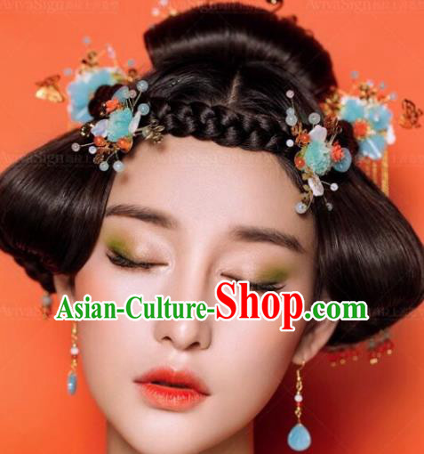 Traditional Handmade Chinese Ancient Classical Hair Accessories Barrettes Xiuhe Suit Blue Flowers Hair Comb Complete Set, Long Tassel Step Shake, Hanfu Hairpins Hair Fascinators for Women
