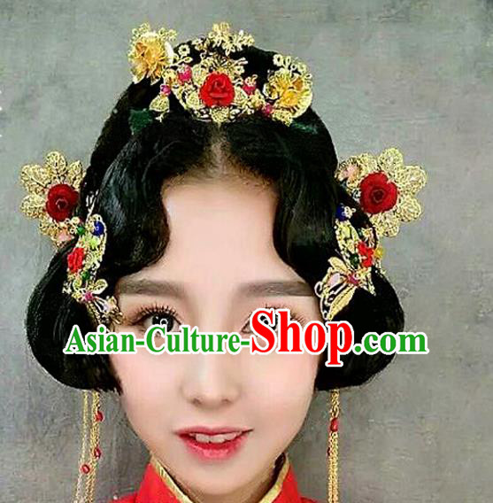 Traditional Handmade Chinese Ancient Classical Hair Accessories Barrettes Xiuhe Suit Long Tassel Step Shake Hair Comb Complete Set, Hanfu Hairpins Hair Fascinators for Women