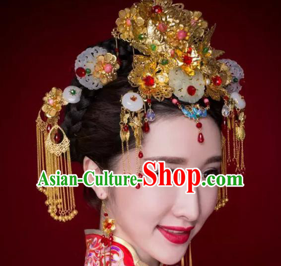 Traditional Handmade Chinese Ancient Classical Hair Accessories Barrettes Xiuhe Suit Cloisonne Jade Phoenix Coronet Complete Set, Hanfu Hairpins Hair Fascinators for Women