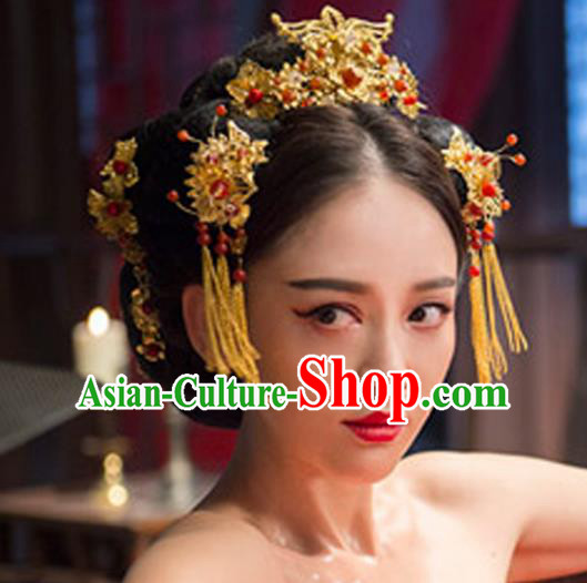 Traditional Handmade Chinese Ancient Classical Hair Accessories Barrettes Xiuhe Suit Golden Tassel Step Shake Phoenix Coronet, Hanfu Hairpins Hair Fascinators for Women