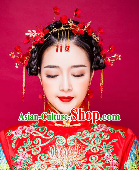 Traditional Handmade Chinese Ancient Classical Hair Accessories Xiuhe Suit Cheongsam Red Flowers Hair Clasp, Hanfu Hairpins Hair Fascinators for Women