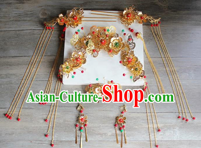 Traditional Handmade Chinese Ancient Classical Hair Accessories Xiuhe Suit Cheongsam Golden Butterfly Phoenix Coronet, Hanfu Hairpins Hair Fascinators for Women