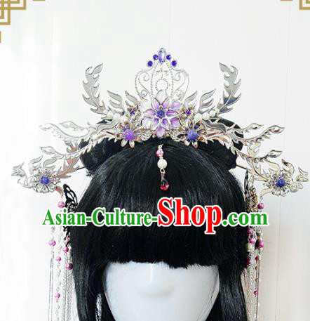 Traditional Handmade Chinese Ancient Classical Wedding Hair Accessories Bride Purple Phoenix Coronet Complete Set, Hanfu Hair Jewellery Hair Fascinators for Women