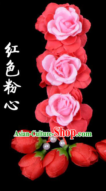 Traditional Beijing Opera Diva Red Hair Accessories Red Flowers Temples Hairpin, Ancient Chinese Peking Opera Tassel Step Shake Hua Tan Hairpins Headwear