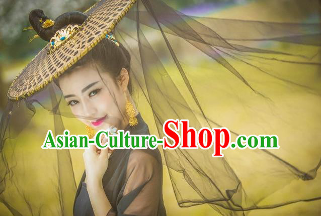 Traditional Handmade Chinese Ancient Swordswoman Black Veil Hat Accessories, China Hanfu Chivalrous Women Bamboo Hat