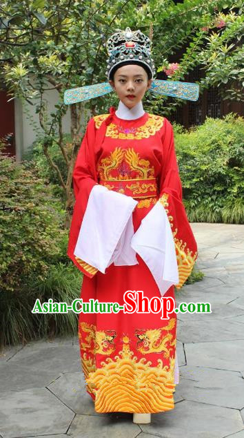 Top Grade Professional Beijing Opera Niche Costume Lang Scholar Red Embroidered Robe and Hat, Traditional Ancient Chinese Peking Opera Officer Embroidery Gwanbok Clothing