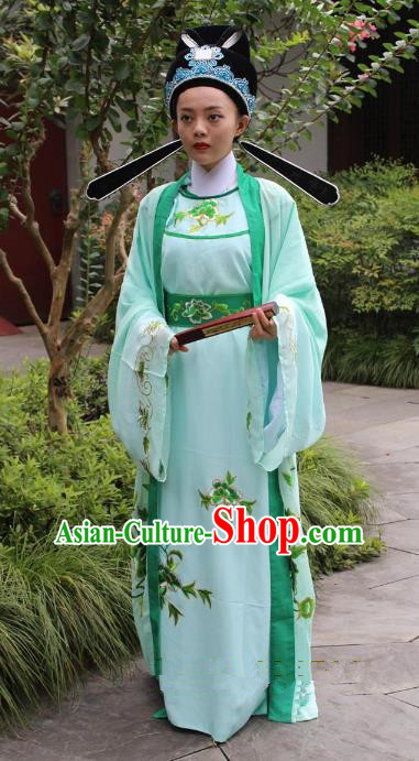 Top Grade Professional Beijing Opera Niche Costume Gifted Scholar Green Embroidered Robe, Traditional Ancient Chinese Peking Opera Embroidery Gwanbok Clothing