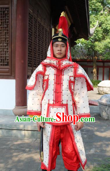 Traditional China Beijing Opera Qing Dynasty General Costume White Helmet and Armour, Ancient Chinese Peking Opera Manchu Imperial Bodyguard Warrior Clothing