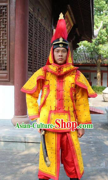 Traditional China Beijing Opera Qing Dynasty General Costume Yellow Helmet and Armour, Ancient Chinese Peking Opera Manchu Imperial Bodyguard Warrior Clothing