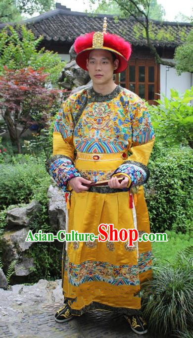 Traditional China Beijing Opera Qing Dynasty Emperor Costume Yellow Embroidered Robe, Ancient Chinese Peking Opera Manchu Embroidery Dragon Clothing