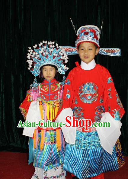 Top Grade Professional Beijing Opera Bride and Bridegroom Embroidered Dress, Traditional Ancient Chinese Peking Opera Embroidery Clothing for Kids