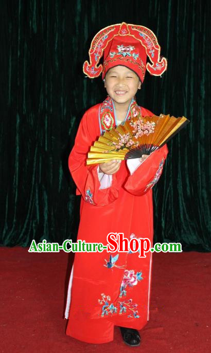 Top Grade Professional Beijing Opera Niche Costume Young Men Red Embroidered Robe, Traditional Ancient Chinese Peking Opera Scholar Embroidery Clothing for Kids