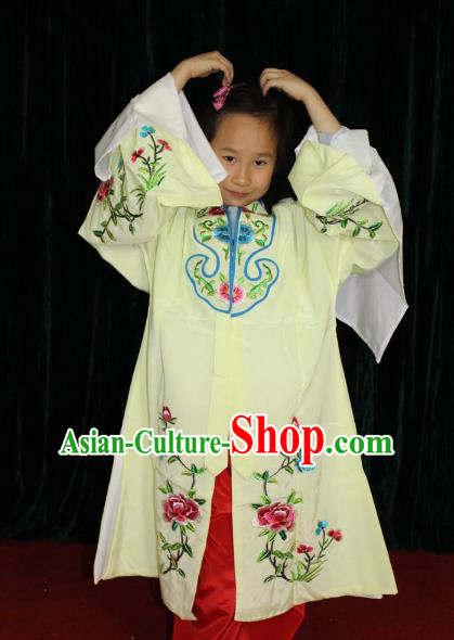 Top Grade Professional Beijing Opera Princess Costume Hua Tan Yellow Embroidered Cape, Traditional Ancient Chinese Peking Opera Diva Embroidery Clothing for Kids