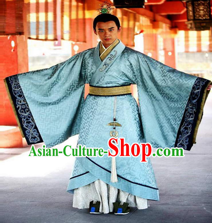 Traditional Chinese Ancient Qin Dynasty Prince Embroidered Costume, China Han Dynasty Majesty Embroidery Dragon Hanfu Blue Robe Clothing