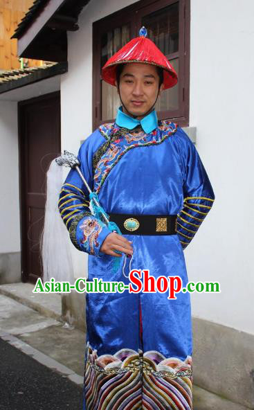 Top Grade Professional Beijing Opera Costume Qing Dynasty County Magistrate Blue Embroidered Robe, Traditional Ancient Chinese Peking Opera Manchu Minister Embroidery Gwanbok Clothing