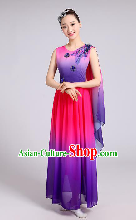 Traditional Chinese Modern Dance Yangge Fan Dance Costume, Chinese Classical Umbrella Dance Purple Dress Yangko Embroidery Clothing for Women