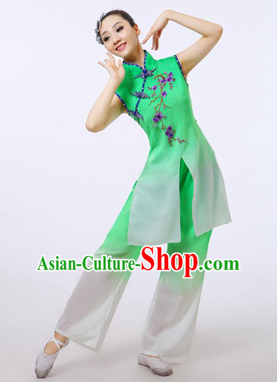 Traditional Chinese Folk Dance Costume Yangge Dance Green Uniform, Chinese Classical Fan Dance Umbrella Dance Yangko Embroidery Cheongsam Clothing for Women