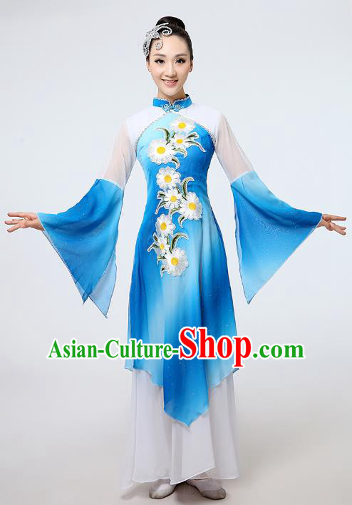 Traditional Chinese Folk Dance Costume Yangge Dance Uniform, Chinese Classical Fan Dance Umbrella Dance Yangko Printing Blue Clothing for Women