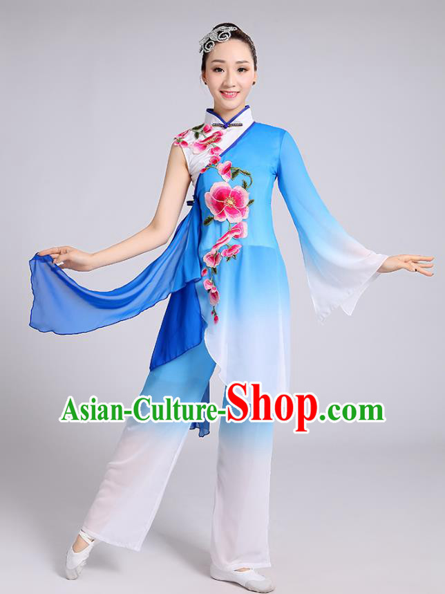 Traditional Chinese Classical Dance Yangge Fan Dance Costume, Chinese Classical Umbrella Dance Blue Uniform Yangko Embroidery Clothing for Women