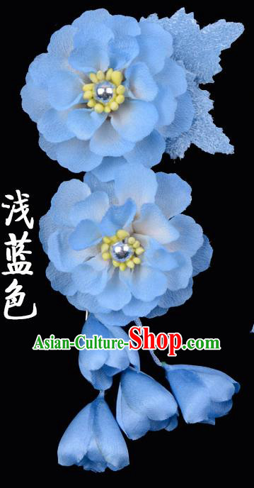 Traditional Beijing Opera Diva Hair Accessories Blue Silk Flowers Hairpins, Ancient Chinese Peking Opera Hua Tan Hair Stick Headwear