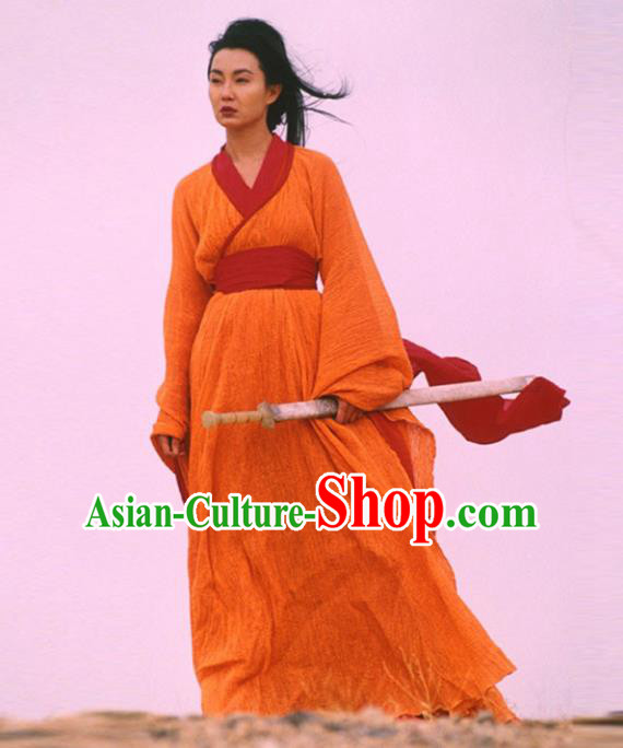 Traditional Chinese Ancient Female Swordsman Costume, Chinese Qin Dynasty Kawaler Hanfu Orange Dress Clothing for Women