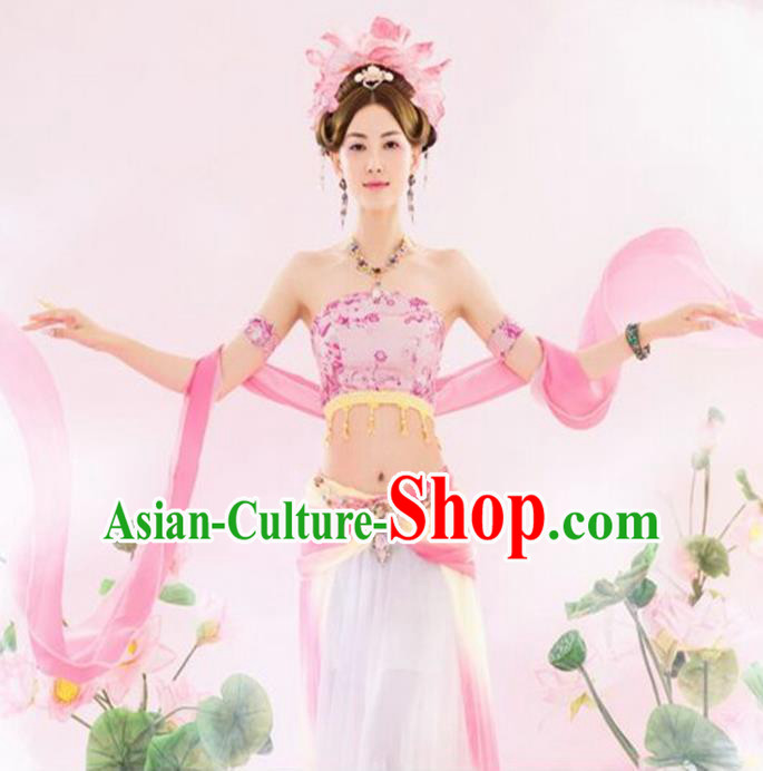 Traditional Ancient Chinese Dunhuang Flying Apsaras Dance Pink Costume, Elegant Hanfu Clothing Chinese Palace Lady Fairy Clothing for Women