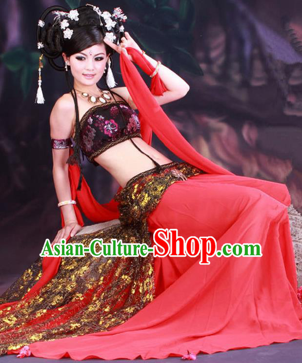 Traditional Ancient Chinese Dunhuang Flying Apsaras Dance Red Costume, Elegant Hanfu Clothing Chinese Palace Lady Fairy Clothing for Women