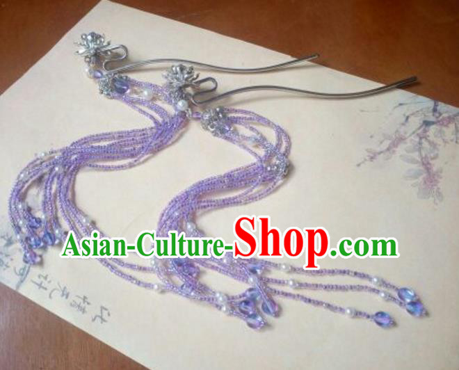 Traditional Chinese Ancient Classical Handmade Hair Accessories Barrettes Princess Purple Palace Tassel Hairpin, Hanfu Step Shake Hair Fascinators Hairpins for Women