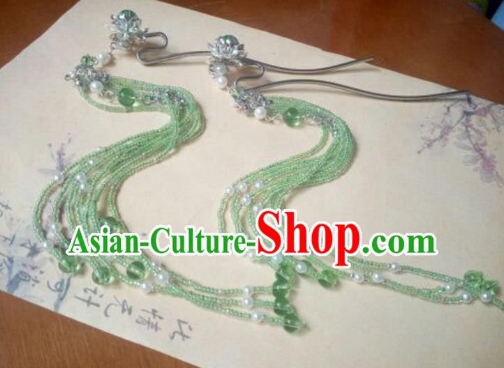 Traditional Chinese Ancient Classical Handmade Hair Accessories Green Beads Tassel Hairpin, Hanfu Hair Stick Hair Fascinators Hairpins for Women