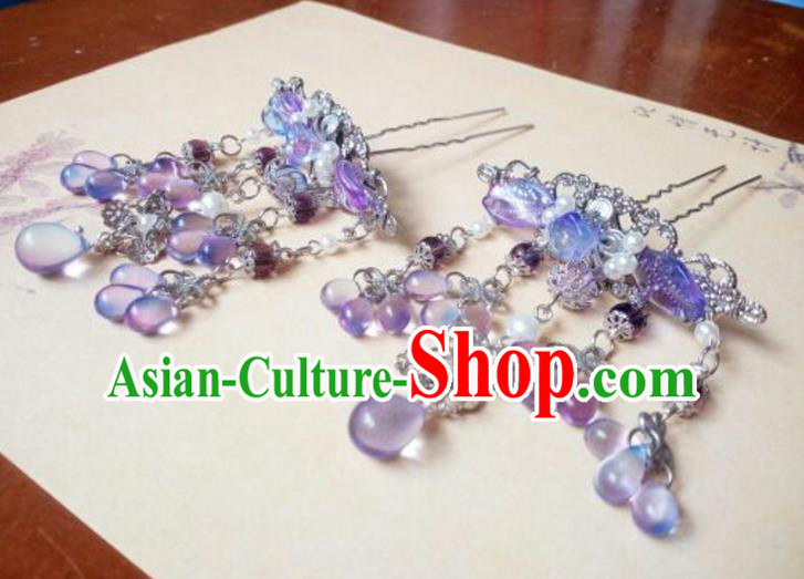 Traditional Chinese Ancient Classical Handmade Hair Accessories Barrettes Princess Purple Beads Hairpin, Hanfu Step Shake Hair Fascinators Hairpins for Women
