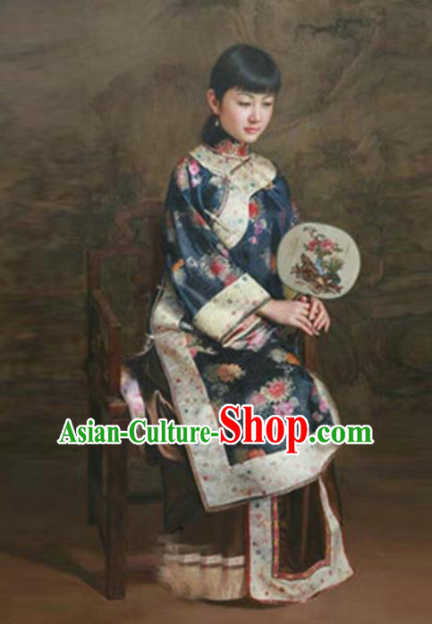 Traditional Ancient Chinese Republic of China Peeresses Costume Navy Xiuhe Suit, Elegant Hanfu Clothing Chinese Qing Dynasty Nobility Dowager Clothing for Women