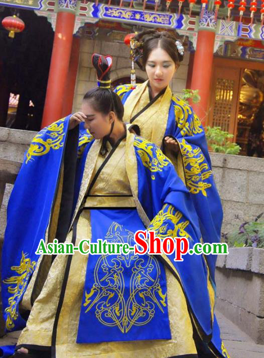 Traditional Ancient Chinese Imperial Emperor and Empress Wedding Costume Complete Set, Elegant Hanfu Clothing Chinese Han Dynasty Bride and Bridegroom Embroidered Blue Clothing